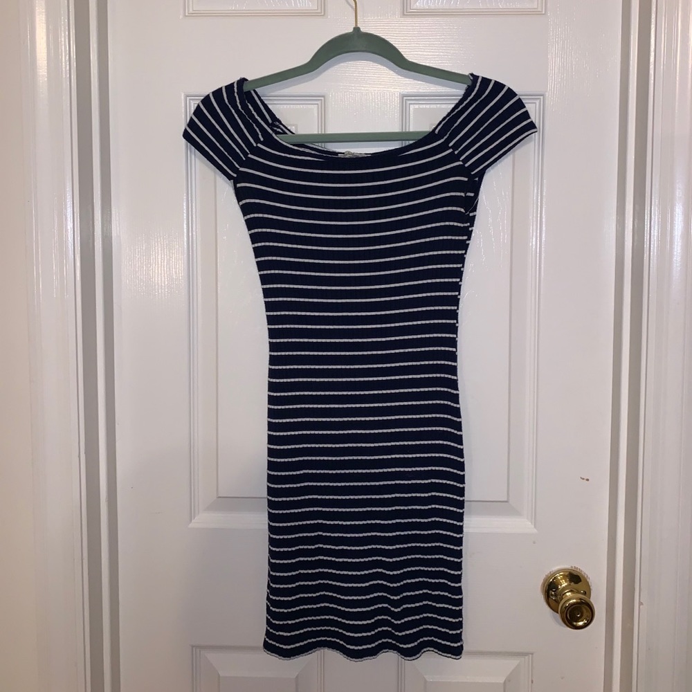 Navy striped off the shoulder dress